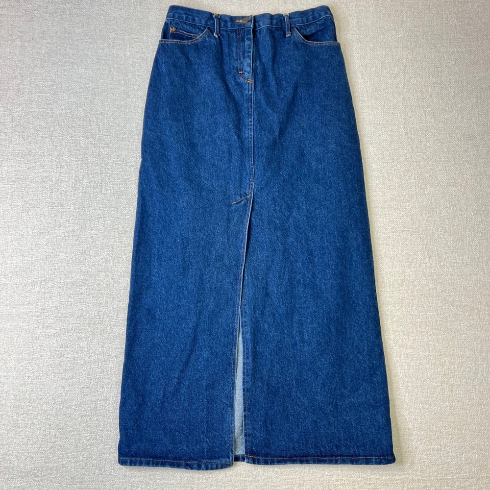 BCBG Vintage Denim Maxi Skirt Cowgirl Dark Wash High Waisted Front Slit Size 6